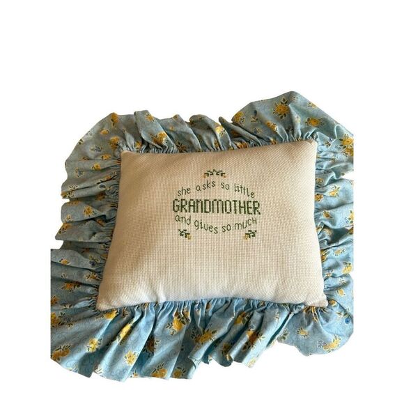 Grandmother cross stitch pillow blue yellow 14"x13" - Picture 1 of 6